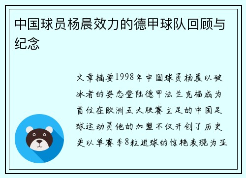 中国球员杨晨效力的德甲球队回顾与纪念
