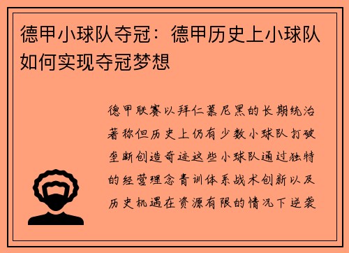 德甲小球队夺冠：德甲历史上小球队如何实现夺冠梦想